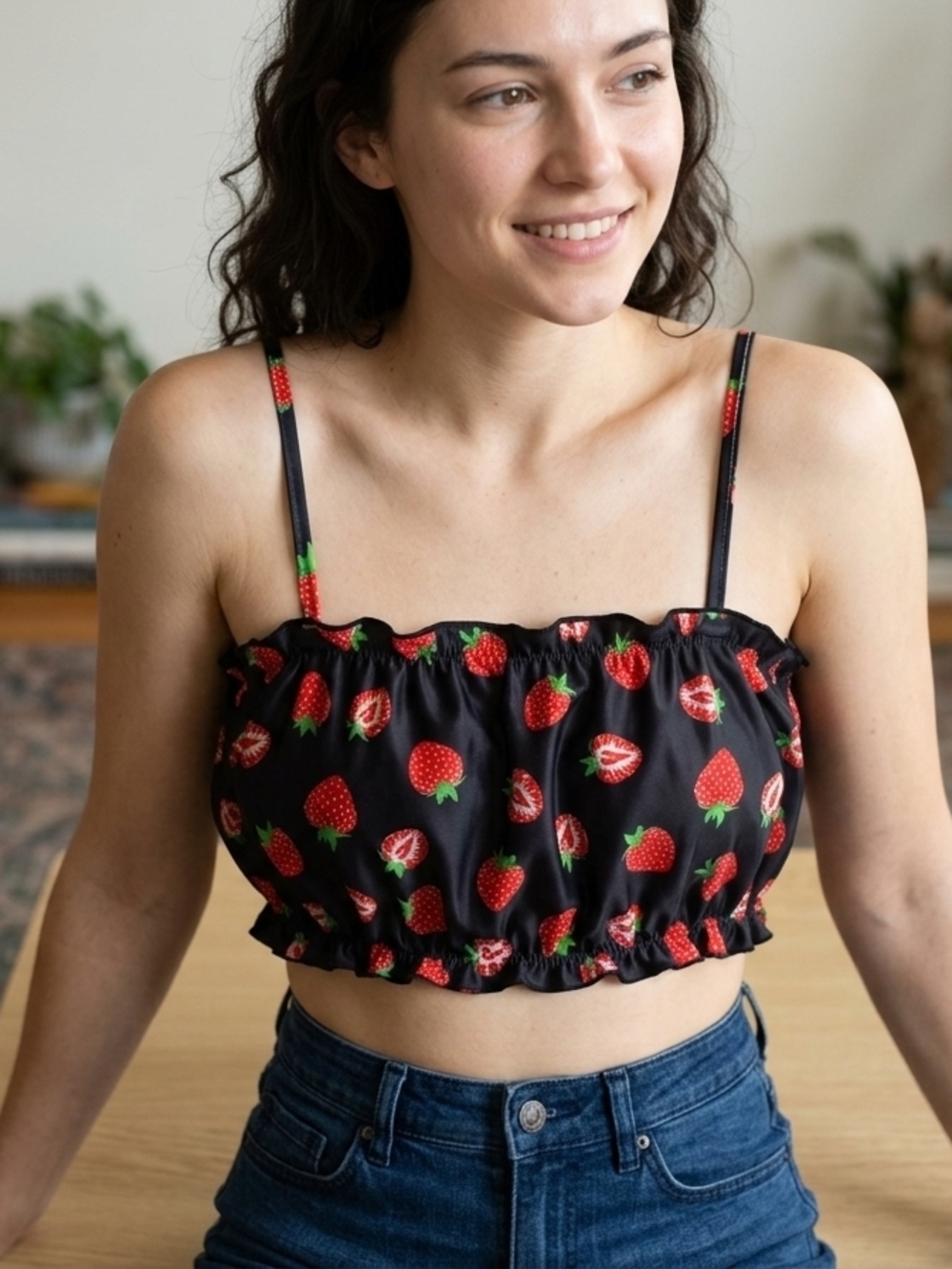 Strawberry Print Bandeau Bikini Top